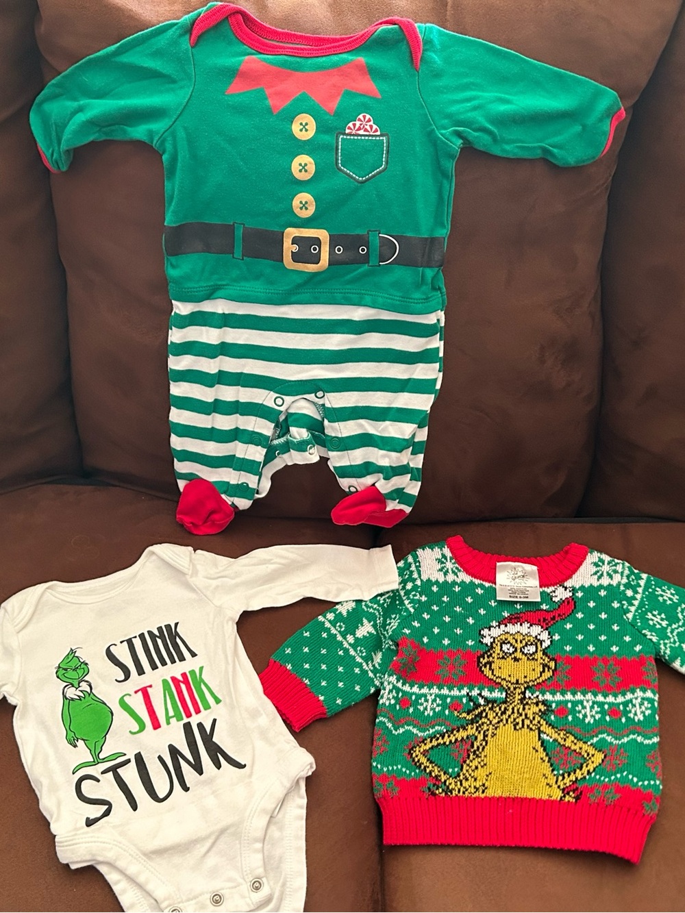 Christmas 0-3mo items: grinch sweater, grinch onesie, elf suit